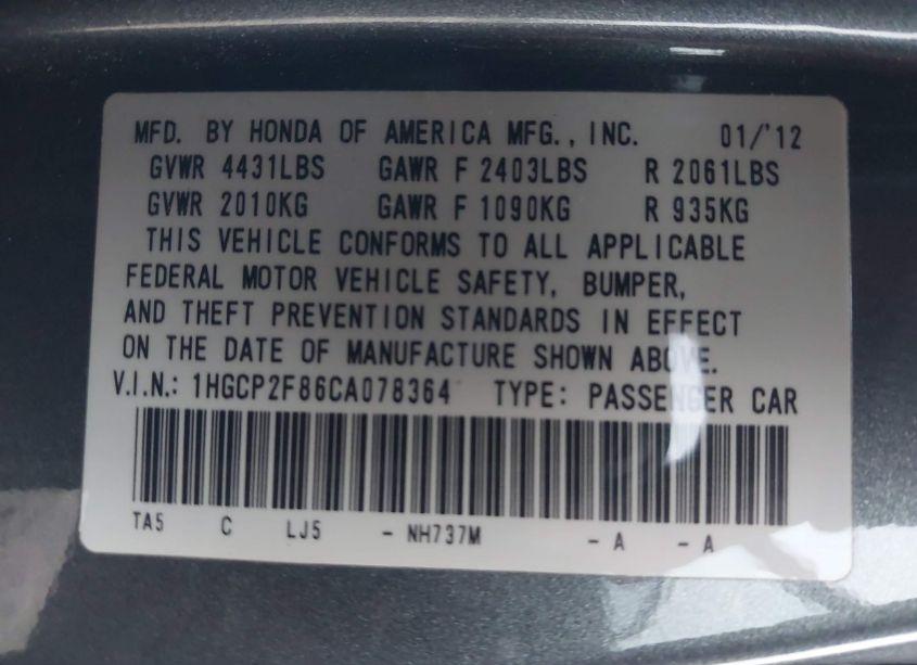 Photo 9 of 2012 Honda Accord 2.4 EX-L (VIN 1HGCP2F86CA078364)