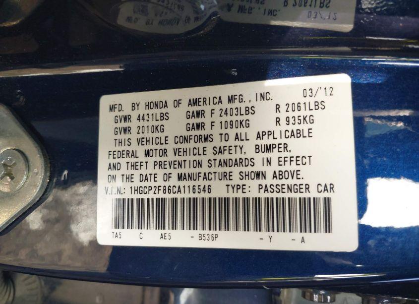 Photo 9 of 2012 Honda Accord 2.4 EX-L (VIN 1HGCP2F86CA116546)