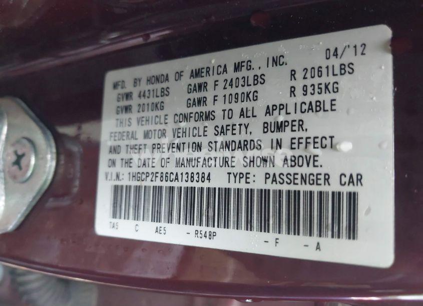 Photo 9 of 2012 Honda Accord 2.4 EX-L (VIN 1HGCP2F86CA138384)