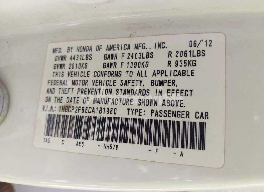 Photo 9 of 2012 Honda Accord 2.4 EX-L (VIN 1HGCP2F86CA181980)