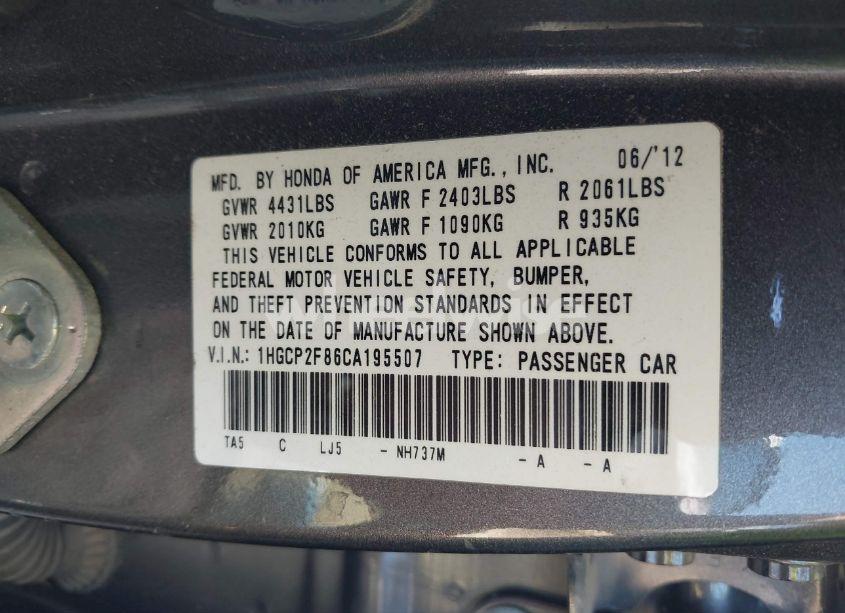 Photo 9 of 2012 Honda Accord 2.4 EX-L (VIN 1HGCP2F86CA195507)