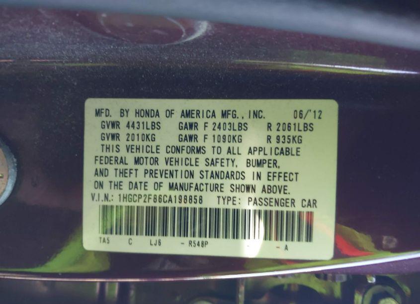 Photo 9 of 2012 Honda Accord 2.4 EX-L (VIN 1HGCP2F86CA198858)