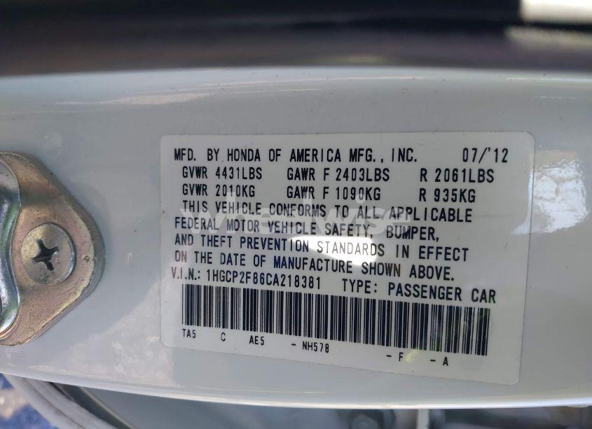 Photo 9 of 2012 Honda Accord 2.4 EX-L (VIN 1HGCP2F86CA218381)