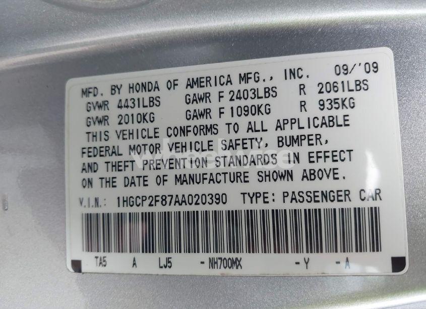 Photo 9 of 2010 Honda Accord 2.4 EX-L (VIN 1HGCP2F87AA020390)