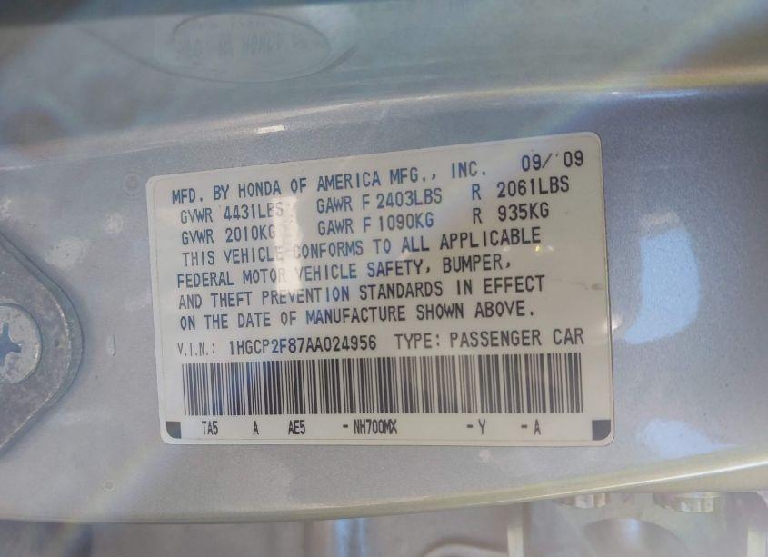 Photo 9 of 2010 Honda Accord 2.4 EX-L (VIN 1HGCP2F87AA024956)