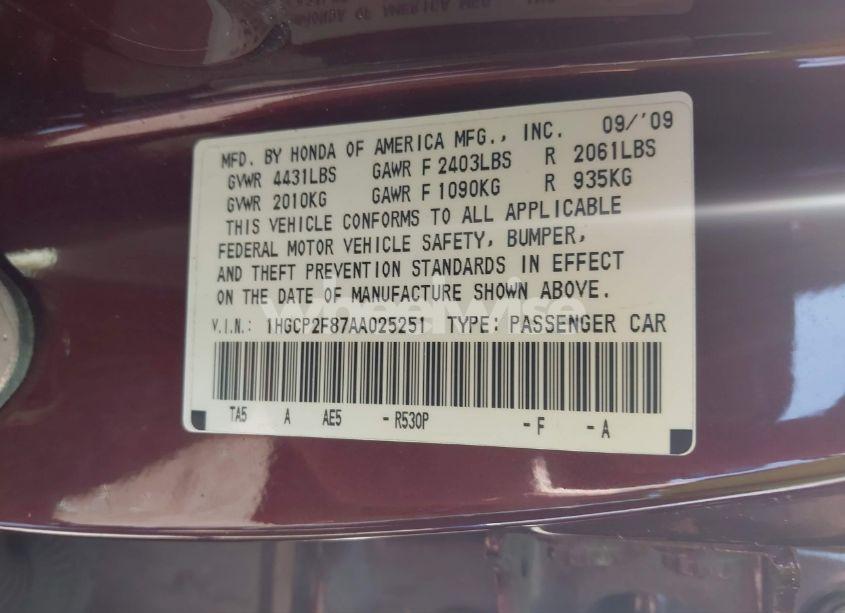 Photo 9 of 2010 Honda Accord 2.4 EX-L (VIN 1HGCP2F87AA025251)