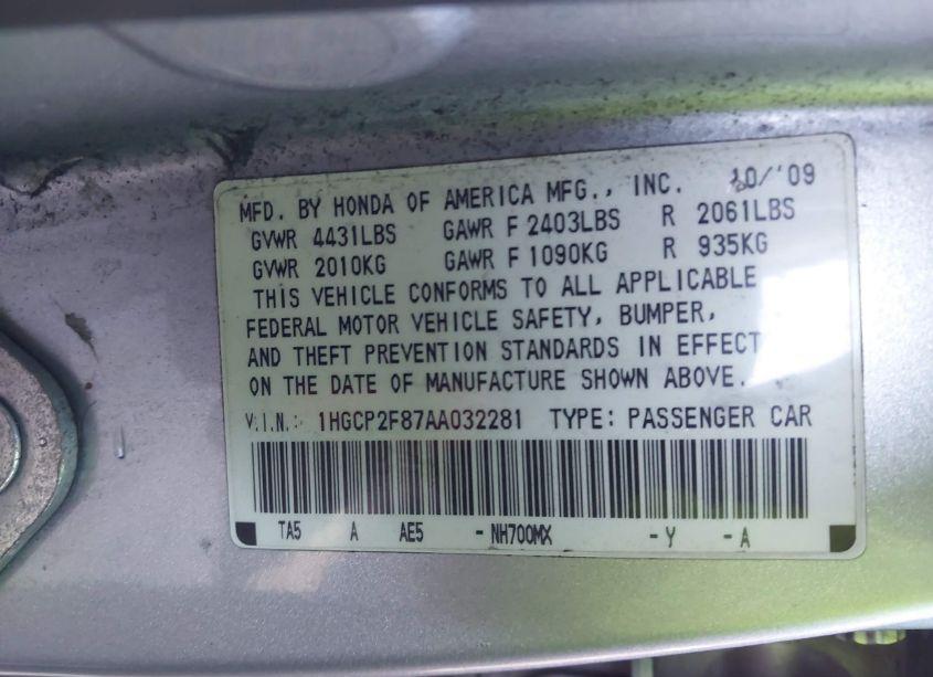 Photo 9 of 2010 Honda Accord 2.4 EX-L (VIN 1HGCP2F87AA032281)