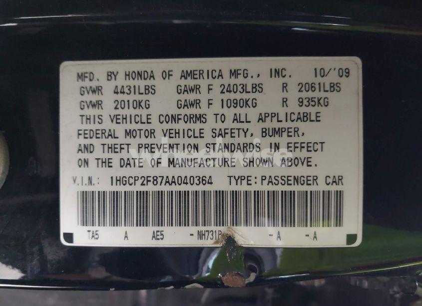 Photo 9 of 2010 Honda Accord 2.4 EX-L (VIN 1HGCP2F87AA040364)