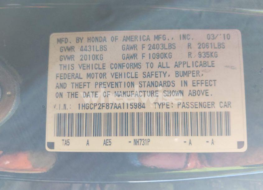 Photo 9 of 2010 Honda Accord 2.4 EX-L (VIN 1HGCP2F87AA115984)