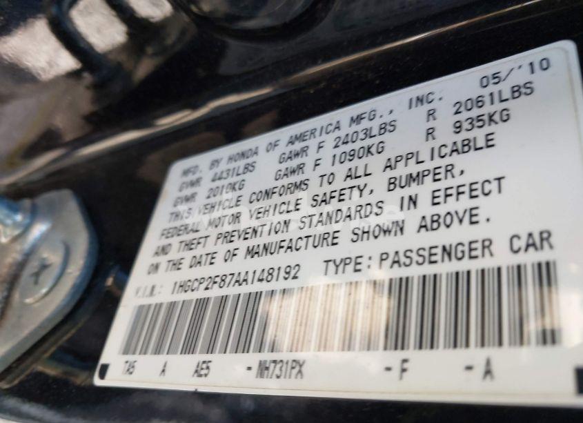 Photo 9 of 2010 Honda Accord 2.4 EX-L (VIN 1HGCP2F87AA148192)