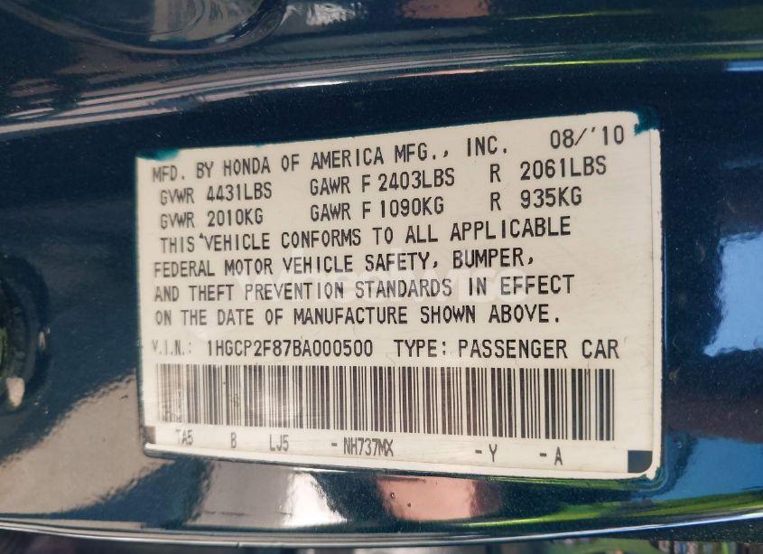 Photo 9 of 2011 Honda Accord 2.4 EX-L (VIN 1HGCP2F87BA000500)