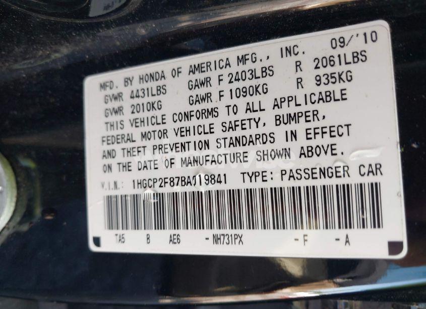 Photo 9 of 2011 Honda Accord 2.4 EX-L (VIN 1HGCP2F87BA019841)