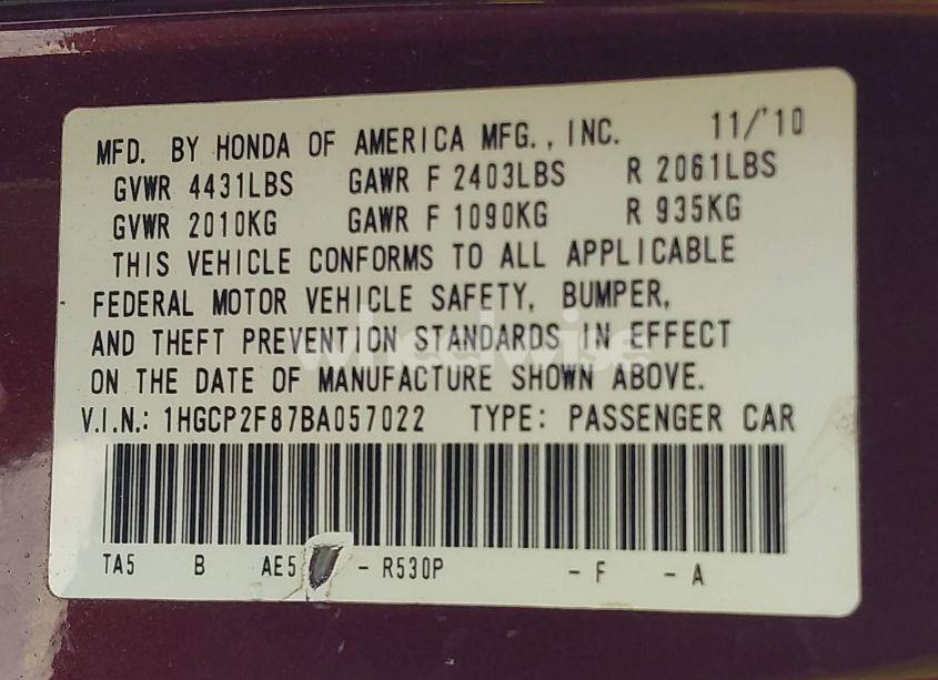 Photo 9 of 2011 Honda Accord 2.4 EX-L (VIN 1HGCP2F87BA057022)