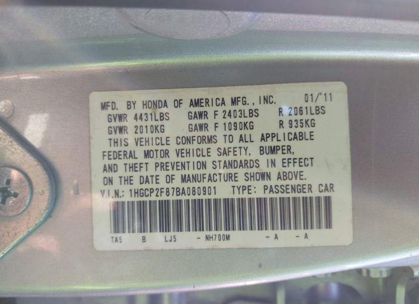 Photo 9 of 2011 Honda Accord 2.4 EX-L (VIN 1HGCP2F87BA080901)