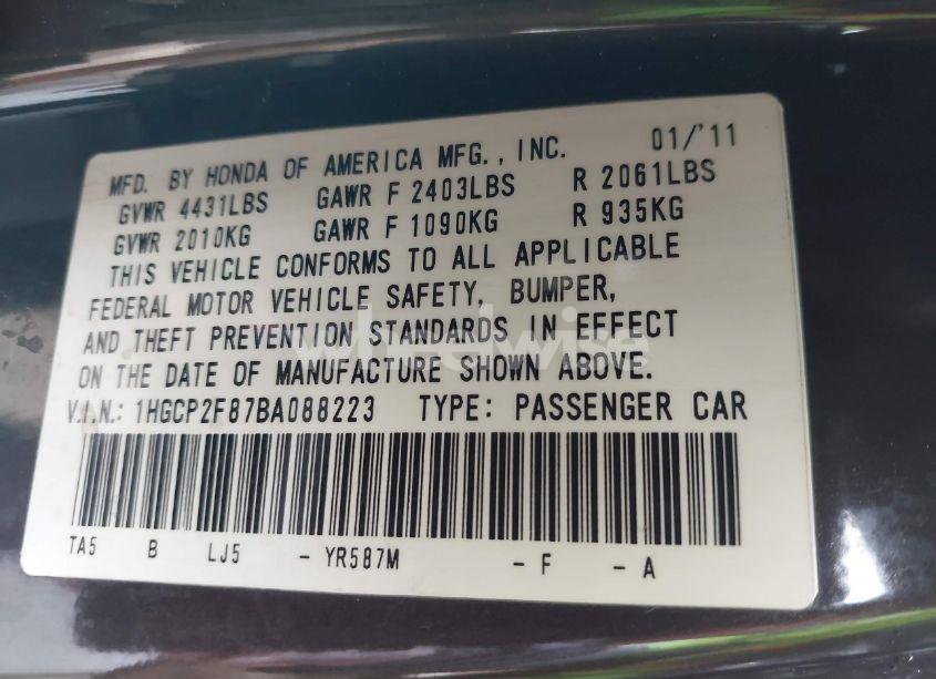 Photo 9 of 2011 Honda Accord 2.4 EX-L (VIN 1HGCP2F87BA088223)