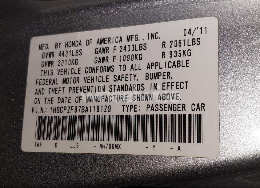 Photo 9 of 2011 Honda Accord 2.4 EX-L (VIN 1HGCP2F87BA119129)