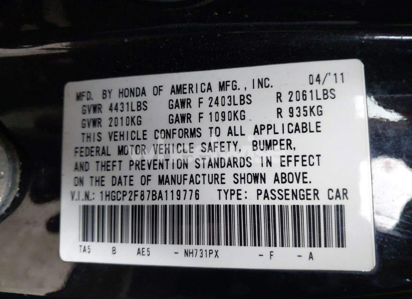 Photo 9 of 2011 Honda Accord 2.4 EX-L (VIN 1HGCP2F87BA119776)