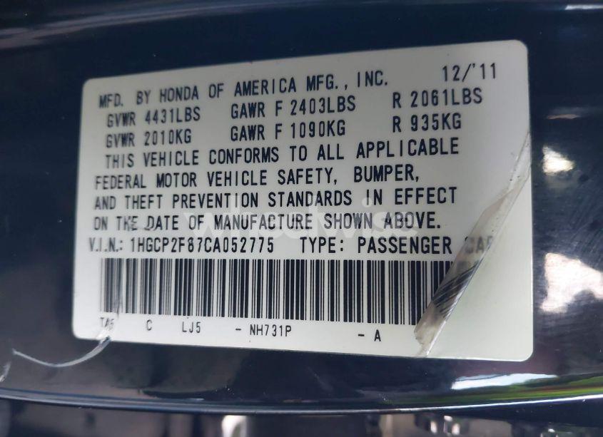 Photo 9 of 2012 Honda Accord 2.4 EX-L (VIN 1HGCP2F87CA052775)