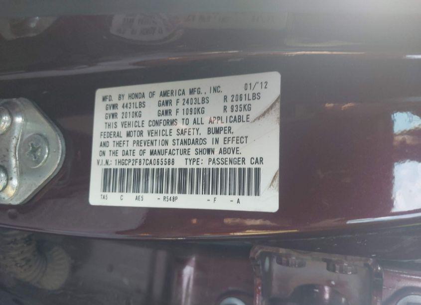 Photo 9 of 2012 Honda Accord 2.4 EX-L (VIN 1HGCP2F87CA065588)