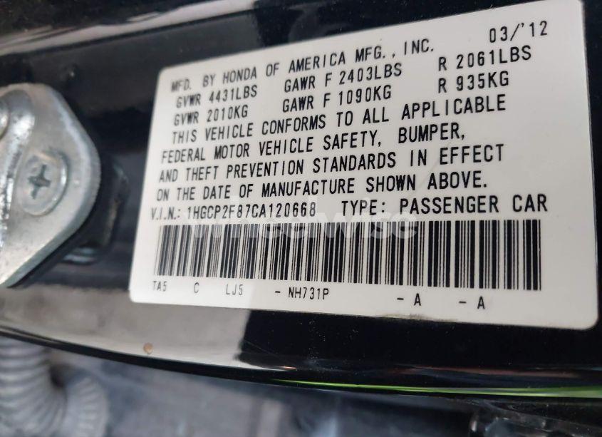 Photo 9 of 2012 Honda Accord 2.4 EX-L (VIN 1HGCP2F87CA120668)