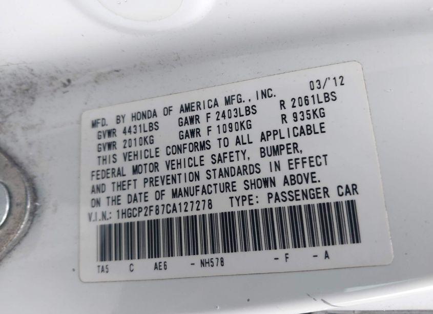 Photo 9 of 2012 Honda Accord 2.4 EX-L (VIN 1HGCP2F87CA127278)