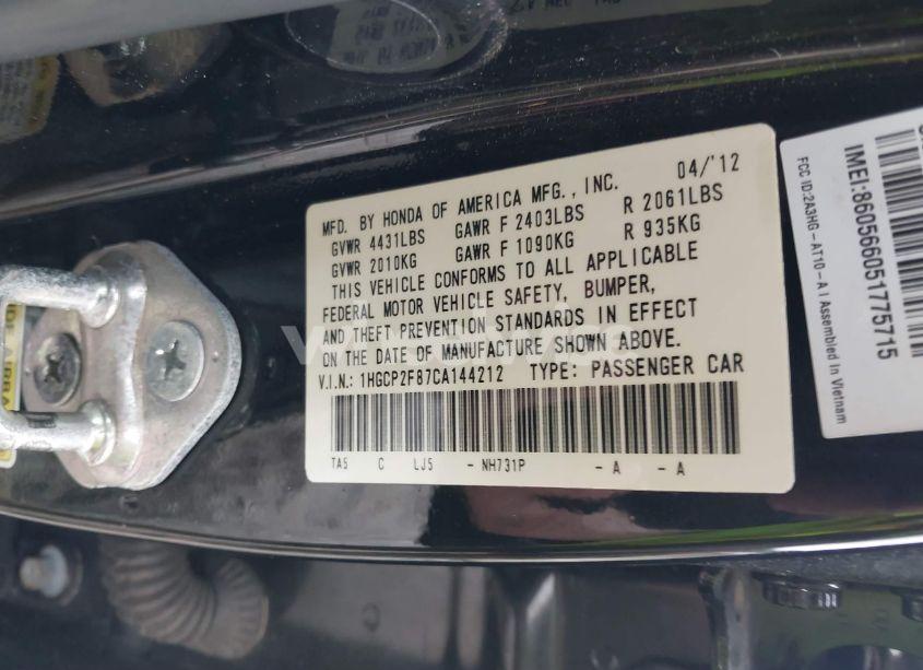 Photo 9 of 2012 Honda Accord 2.4 EX-L (VIN 1HGCP2F87CA144212)