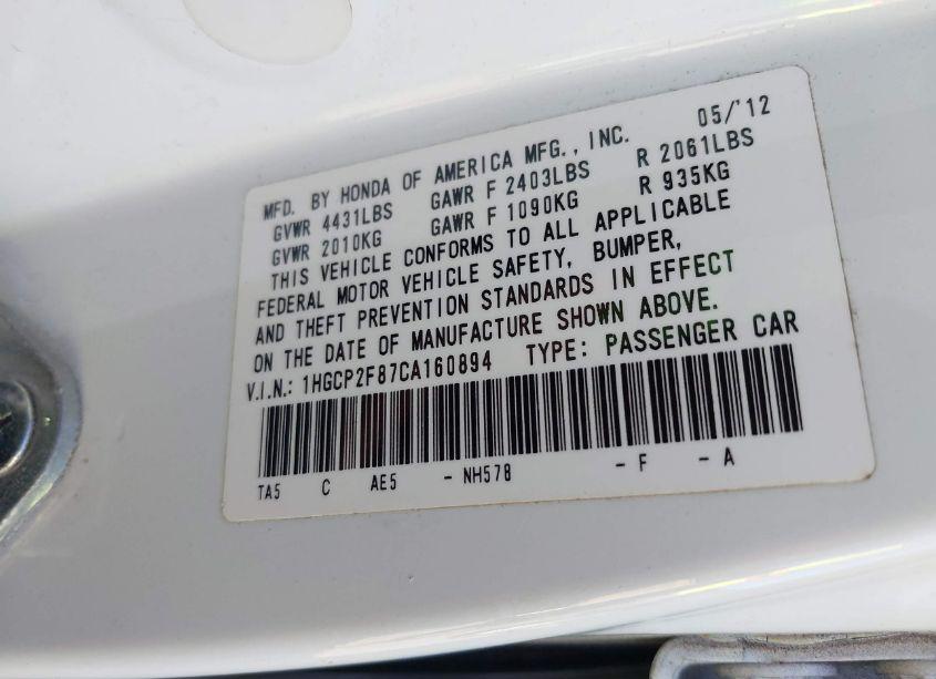 Photo 9 of 2012 Honda Accord 2.4 EX-L (VIN 1HGCP2F87CA160894)