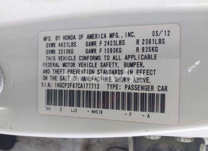 Photo 9 of 2012 Honda Accord 2.4 EX-L (VIN 1HGCP2F87CA177713)