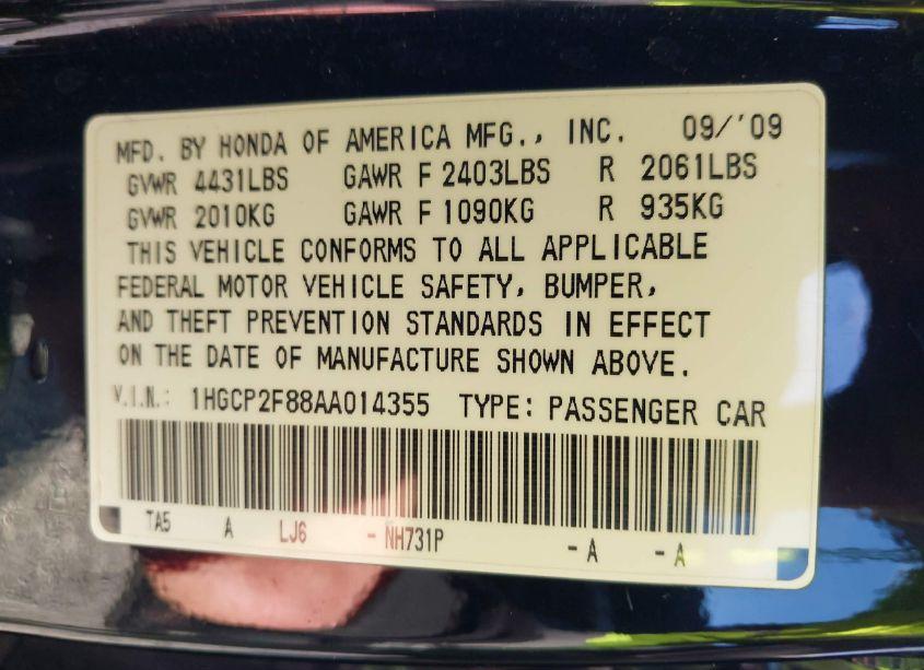 Photo 9 of 2010 Honda Accord 2.4 EX-L (VIN 1HGCP2F88AA014355)
