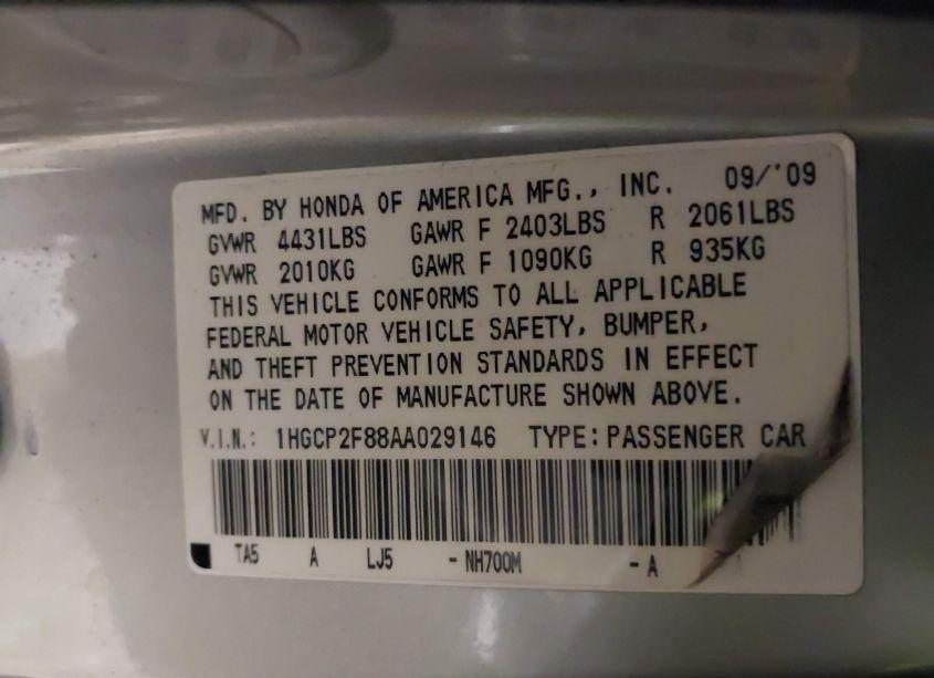 Photo 9 of 2010 Honda Accord 2.4 EX-L (VIN 1HGCP2F88AA029146)
