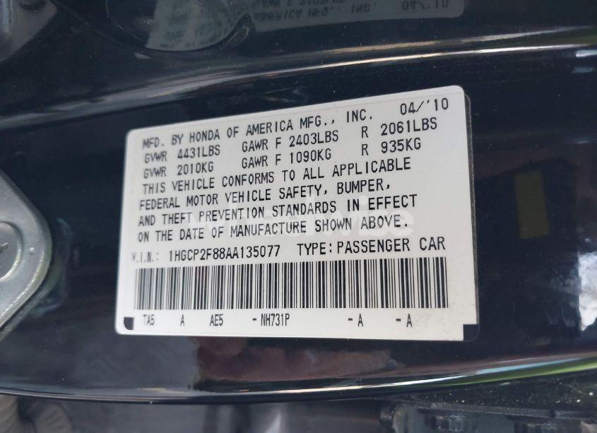 Photo 9 of 2010 Honda Accord 2.4 EX-L (VIN 1HGCP2F88AA135077)