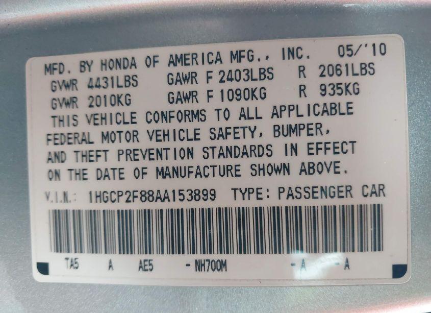 Photo 9 of 2010 Honda Accord 2.4 EX-L (VIN 1HGCP2F88AA153899)