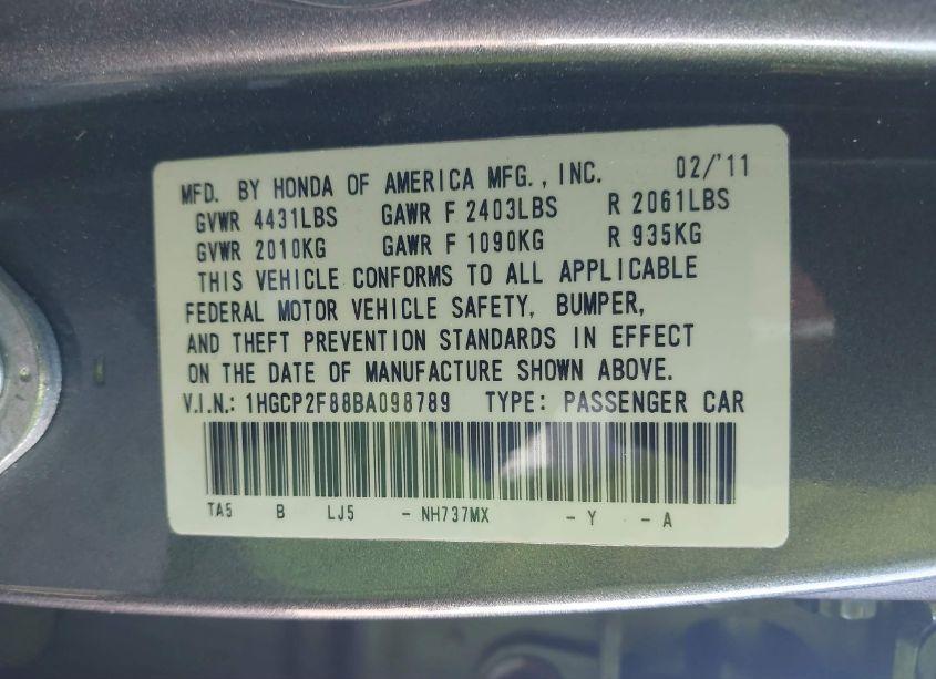 Photo 9 of 2011 Honda Accord 2.4 EX-L (VIN 1HGCP2F88BA098789)