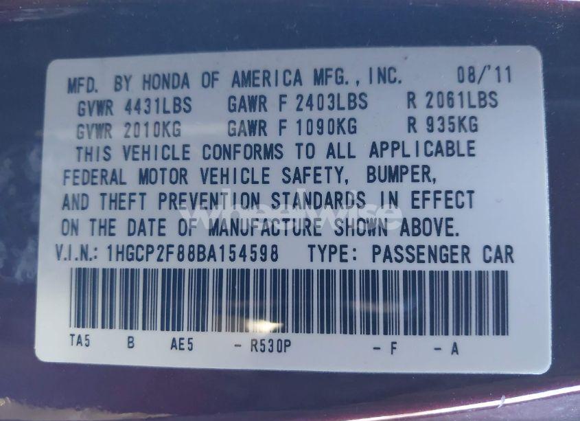 Photo 9 of 2011 Honda Accord 2.4 EX-L (VIN 1HGCP2F88BA154598)