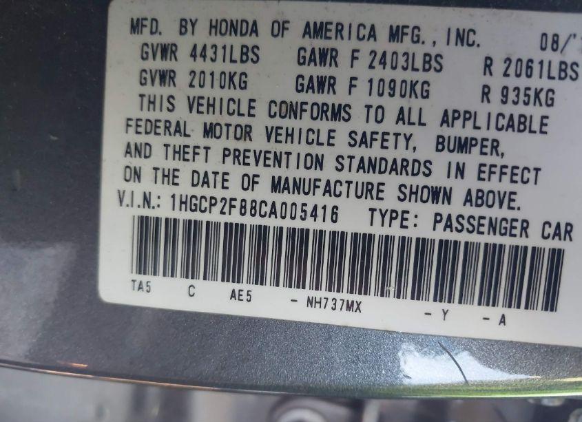 Photo 9 of 2012 Honda Accord 2.4 EX-L (VIN 1HGCP2F88CA005416)