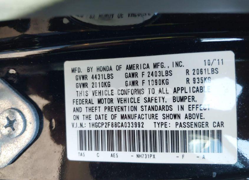 Photo 9 of 2012 Honda Accord 2.4 EX-L (VIN 1HGCP2F88CA033992)