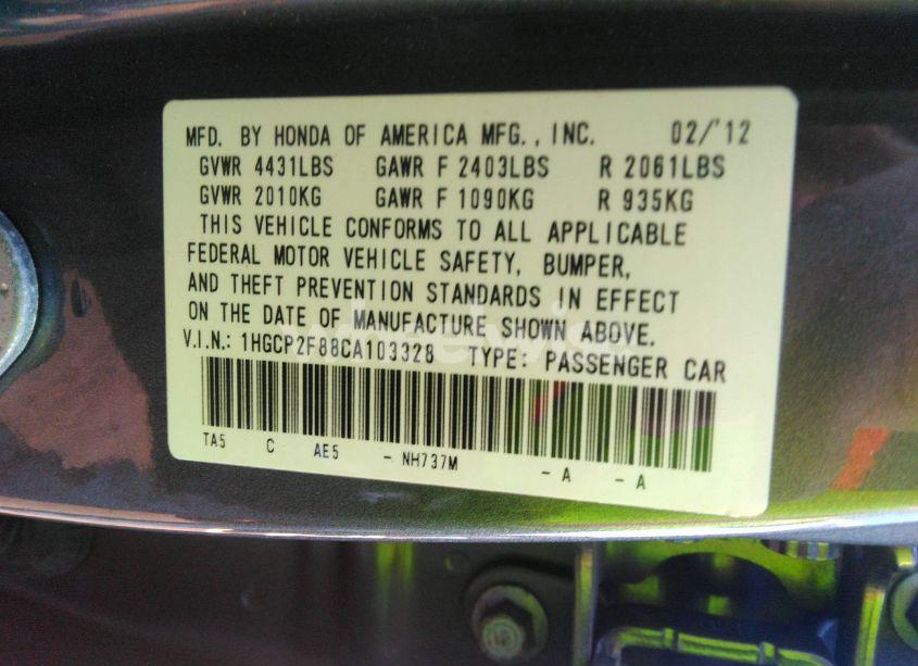 Photo 9 of 2012 Honda Accord 2.4 EX-L (VIN 1HGCP2F88CA103328)