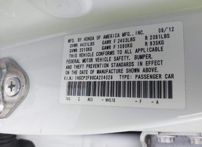 Photo 9 of 2012 Honda Accord 2.4 EX-L (VIN 1HGCP2F88CA204028)