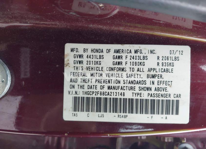 Photo 9 of 2012 Honda Accord 2.4 EX-L (VIN 1HGCP2F88CA213148)