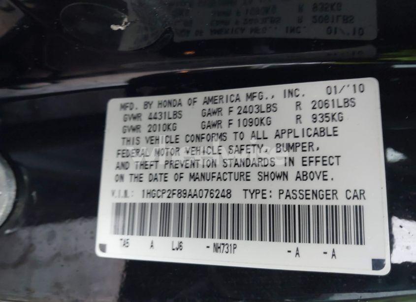 Photo 9 of 2010 Honda Accord 2.4 EX-L (VIN 1HGCP2F89AA076248)