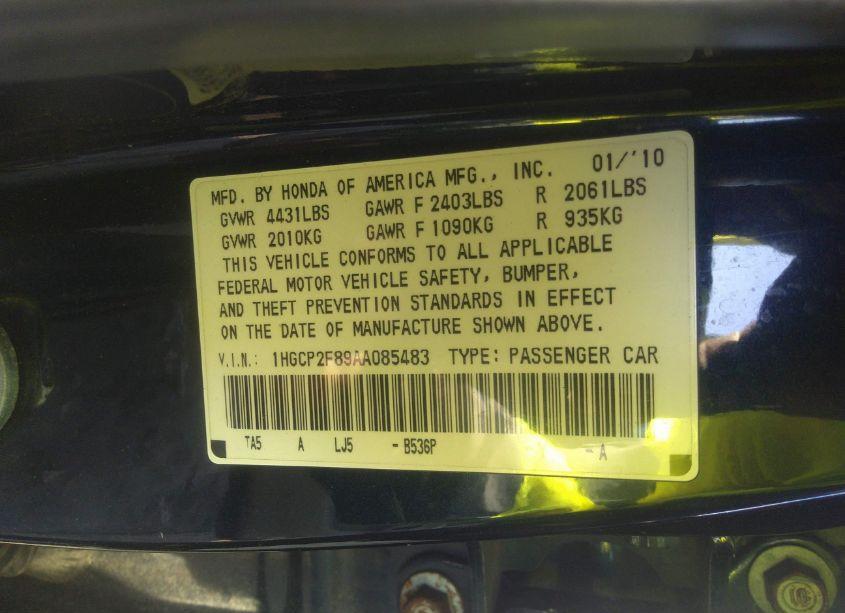 Photo 9 of 2010 Honda Accord 2.4 EX-L (VIN 1HGCP2F89AA085483)