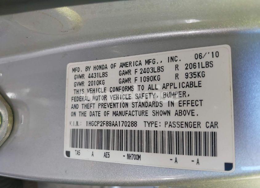 Photo 9 of 2010 Honda Accord 2.4 EX-L (VIN 1HGCP2F89AA170288)