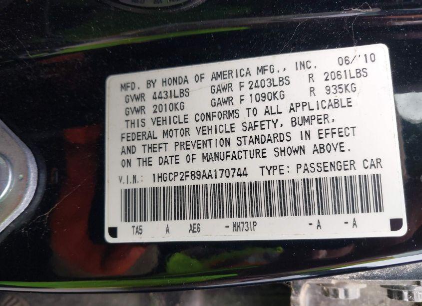 Photo 9 of 2010 Honda Accord 2.4 EX-L (VIN 1HGCP2F89AA170744)