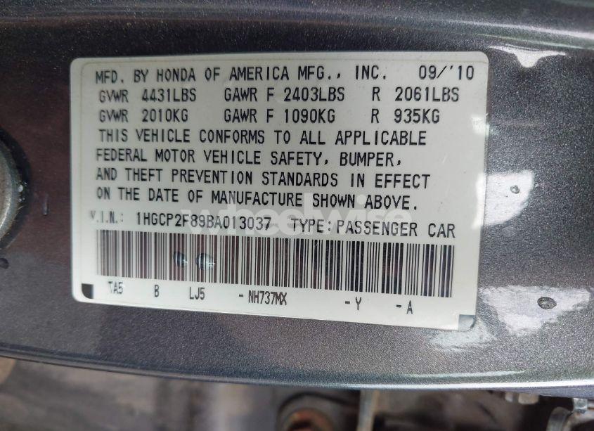 Photo 9 of 2011 Honda Accord 2.4 EX-L (VIN 1HGCP2F89BA013037)