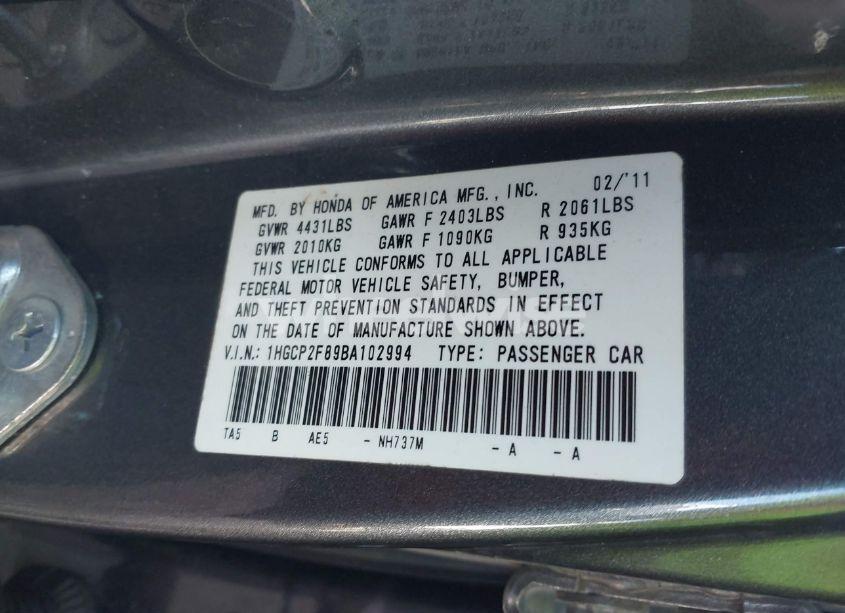 Photo 9 of 2011 Honda Accord 2.4 EX-L (VIN 1HGCP2F89BA102994)