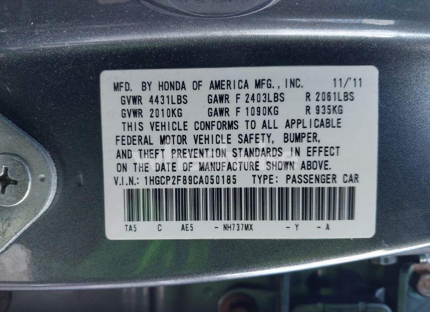 Photo 9 of 2012 Honda Accord 2.4 EX-L (VIN 1HGCP2F89CA050185)