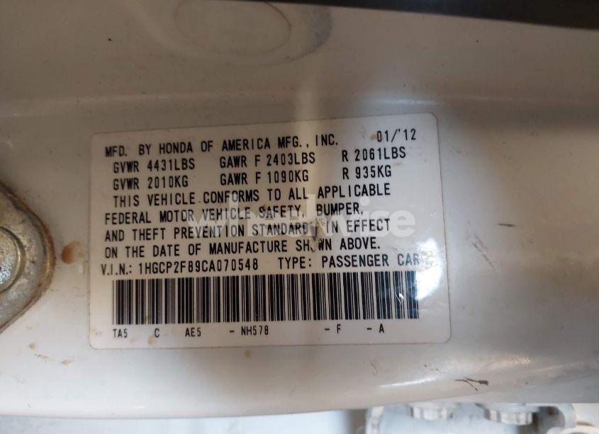 Photo 9 of 2012 Honda Accord 2.4 EX-L (VIN 1HGCP2F89CA070548)