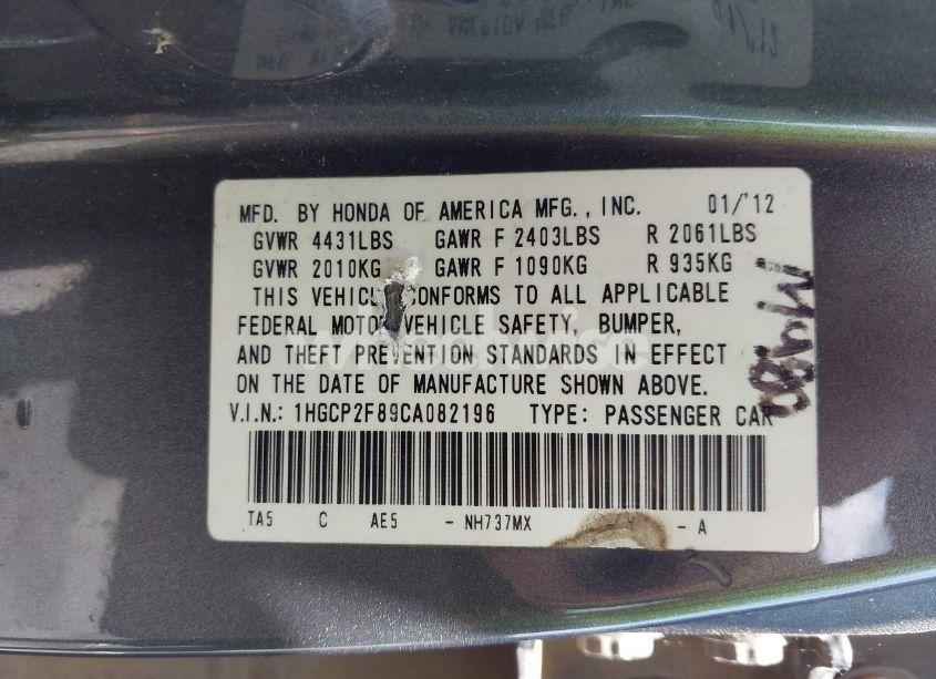 Photo 9 of 2012 Honda Accord 2.4 EX-L (VIN 1HGCP2F89CA082196)