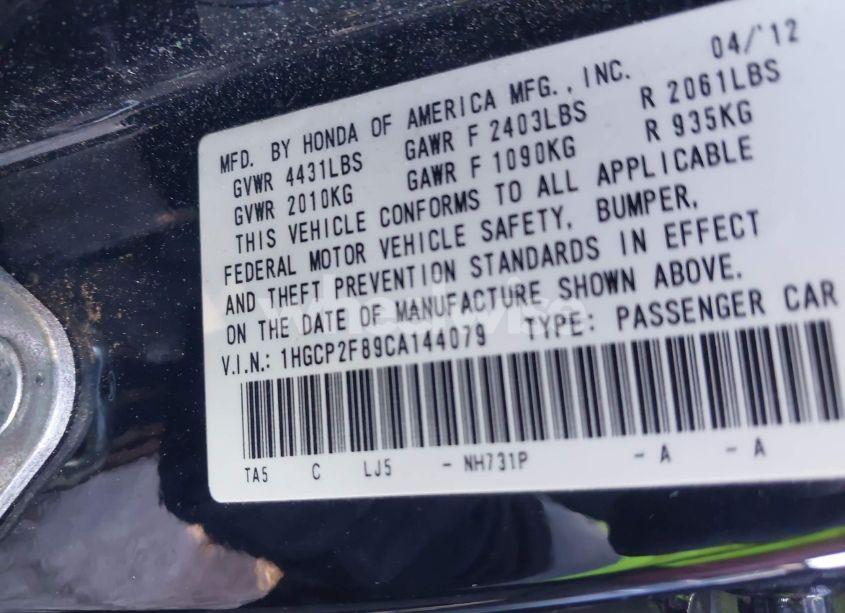 Photo 9 of 2012 Honda Accord 2.4 EX-L (VIN 1HGCP2F89CA144079)