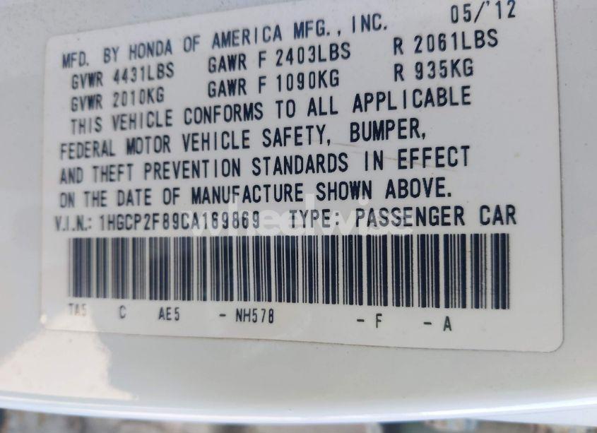 Photo 9 of 2012 Honda Accord 2.4 EX-L (VIN 1HGCP2F89CA169869)